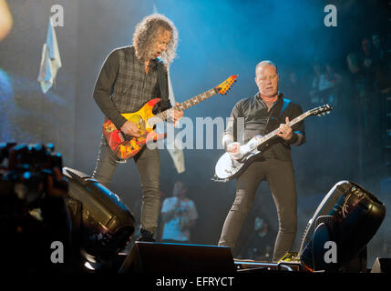 James Hetfield (right) and Kirk Hammett of Metallica performing on the Pyramid Stage at Glastonbury June 2014 Stock Photo