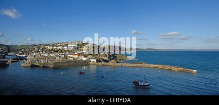 Panoramic view of Motor Trawler Imogen F/470 leaving Mevagissey outer harbour, Cornwall, UK Stock Photo