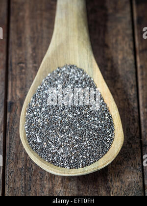 Chia (salvia hispanica) seeds on a wooden spoon. Stock Photo