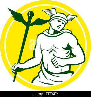 Illustration of Roman god Mercury patron god of financial gain, commerce, communication and travelers wearing winged hat and holding caduceus a herald's staff looking to the side viewed from front, set inside circle on isolated background done in retro st Stock Photo