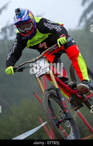 American mountain biker Aaron Gwin competes in the UCI Mountain Bike World Cup in Meribel, France. Stock Photo