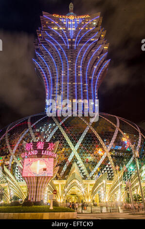 Unique and colorful lighted image of the facade of Grand Lisboa Hotel and Casino in Macau at night Stock Photo