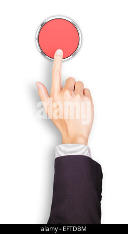 Hand of businessman clicking a red button, top view Stock Photo