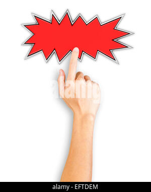 Hand clicking a starburst button, top view Stock Photo