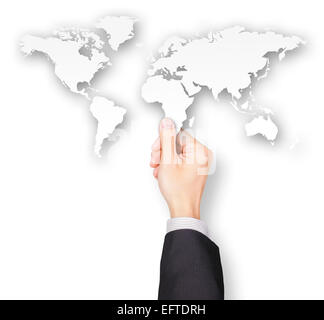 Hand of businessman holding world map paper Stock Photo