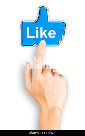 Hand clicking a blue like button, top view Stock Photo