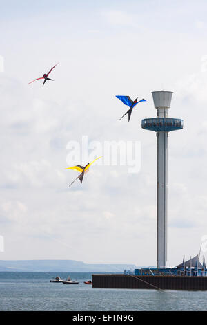 bird kites with Sea Life Tower, Jurassic Skyline Tower, at Weymouth Kite Festival, Weymouth, Dorset UK in May Stock Photo