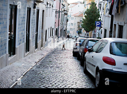 An alley in Alfama district, Lisbon, Portugal. Stock Photo