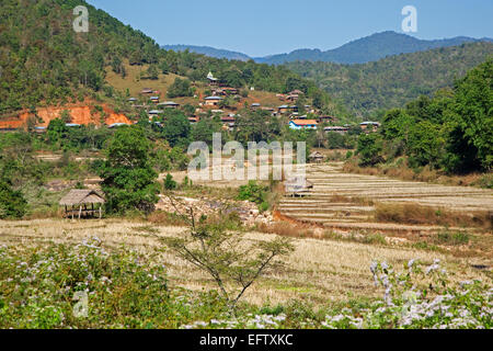 Rural village and terraced rice paddy fields in the Tachileik District, Shan State, Myanmar / Burma Stock Photo