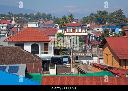 View over rooftops in the town Keng Tung / Kengtung, Shan State, Myanmar / Burma Stock Photo