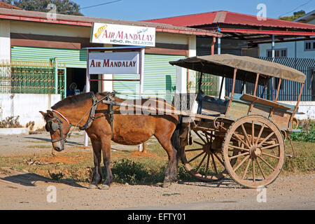 Horse with cart waiting in front of the Heho Airport of Air Mandalay, Taunggyi District, Shan State, Myanmar / Burma Stock Photo