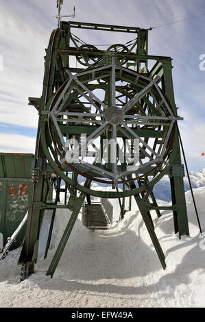 Ski lift wheel on the top of the mountain. Mont-Fort Verbier. Stock Photo