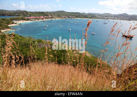 The beach, causeway and hotel complex from Pigeon Island, St. Lucia, Caribbean Stock Photo