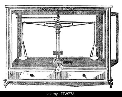 Victorian engraving of a chemical balance. Digitally restored image from a mid-19th century Encyclopaedia. Stock Photo