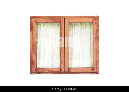 old wooden window on white wall Stock Photo