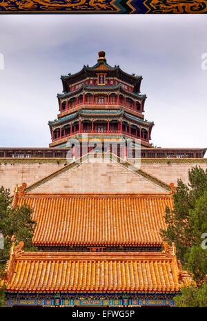 Longevity Hill Tower of the Fragrance of the Buddha Orange Roofs Summer Palace Beijing China Stock Photo