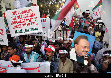 Karachi. 10th Feb, 2015. Supporters of Muttahida Qaumi Movement (MQM) attend a rally in southern Pakistani port city of Karachi on Feb. 10, 2015. The MQM held a rally in Karachi to express solidarity with party chief Altaf Hussain and to protest against statement made against him by Pakistan Tehreek-e-Insaf Chairman Imran Khan. Credit:  Masroor/Xinhua/Alamy Live News Stock Photo