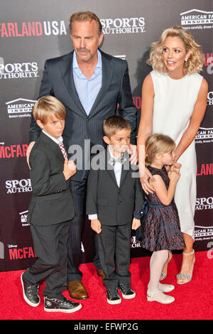 Kevin Costner, wife Christine Baumgartner and children Grace Avery Costner, Hayes Logan Costner and Cayden Wyatt Costner attending the world premiere of Disney's 'McFarland, USA' at the El Capitan Theatre on February 9, 2015 in Hollywood, California/picture alliance Stock Photo