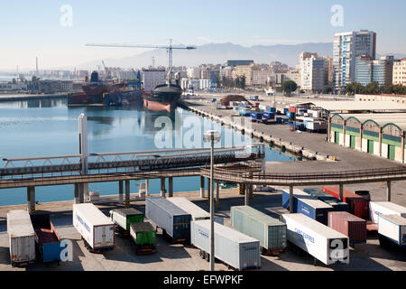 Vehicle containers on the quayside in the port of Malaga, Spain Stock Photo