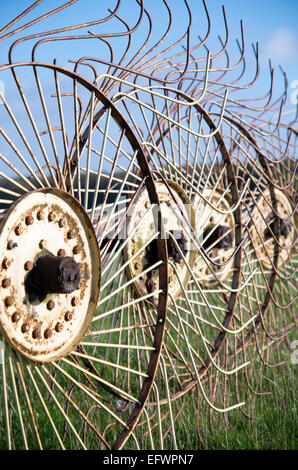 Close up of vintage farm implement (hay rake )rusting in a field, Bedfordshire UK Stock Photo