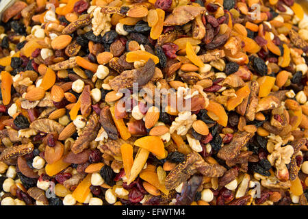 mixed nuts like apricot, figs, grapes, almonds, hazelnuts, cashew, peanuts Stock Photo