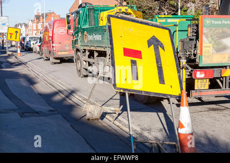 Lane closed sign on a main road, Nottinghamshire, England, UK Stock Photo