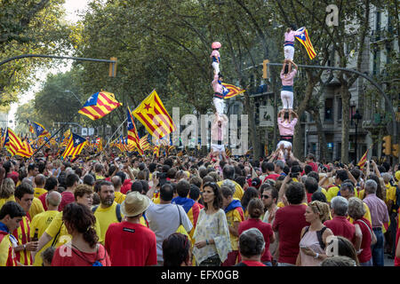 BARCELONA, SPAIN - SEPT. 11: People celebrating independence on the street of Barcelona during the National Day of Catalonia Stock Photo