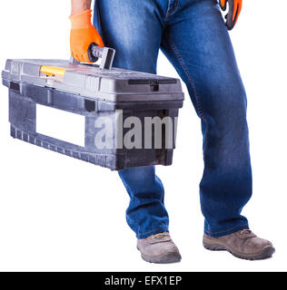 working in hands holds a box with tools isolated white background Stock Photo