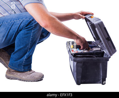 worker opened the box with tools isolated on white background Stock Photo