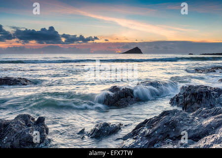 Sunset over the beach at Wembury on the south Devon coast Stock Photo