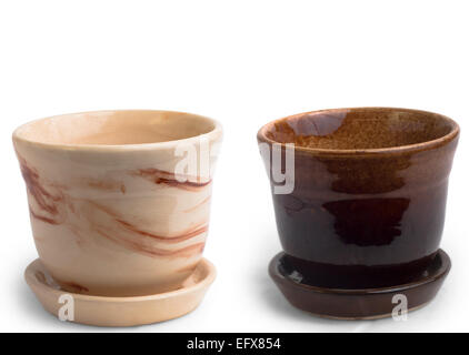 set cup brown flower empty pot brown ceramic isolated on white Stock Photo