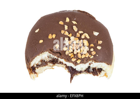 Partially eaten chocolate donut isolated on white background with clipping path Stock Photo