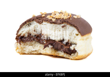Partially eaten chocolate donut isolated on white background with clipping path Stock Photo