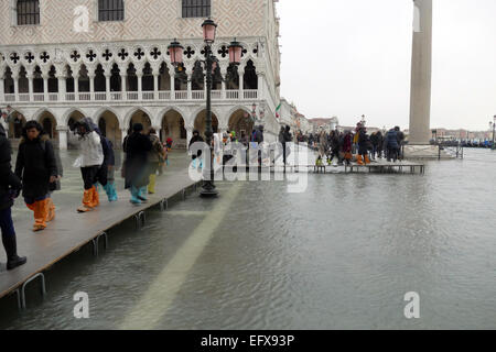 Venice, 6 February 2015. After heavy rain and strong wind, the water level rose by over 1 meter. Piazza San Marco is under water Stock Photo