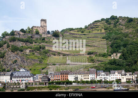 The city of Kaub located on the Rhine river, Germany with Gutenfels, also known as Caub, in the background. Stock Photo