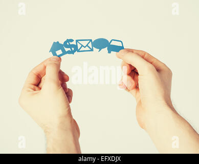 man hands showing paper symbols Stock Photo