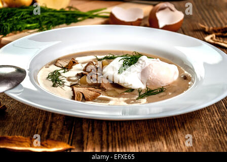 Czech traditional soup kulajda with dill and mushroom and poached egg Stock Photo