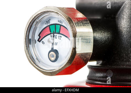 Manometer of a fire extinguisher. The pressure gauge is in the ideal range Stock Photo