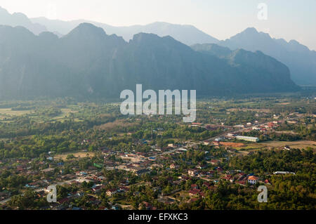 Horizontal aerial view of the stunning karst hills surrounding Vang Vieng. Stock Photo