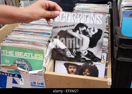 BELGIUM - JULY 2014:  Single record of the German heavy metal Scorpions band on a flea market Stock Photo