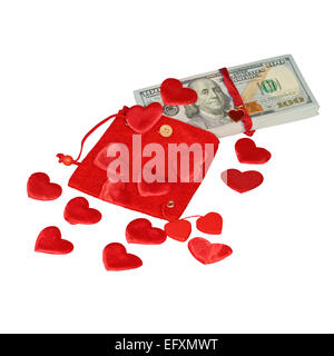 Bundle of dollars in red pouch with red hearts  isolated Stock Photo