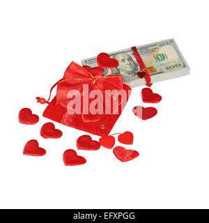 Bundle of dollars in red pouch with red hearts and red bow knot isolated Stock Photo