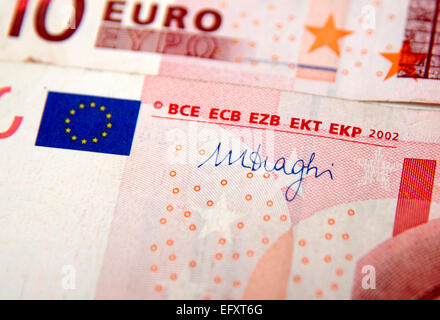 Euro banknotes with signature of ECB president Mario Draghi , London Stock Photo