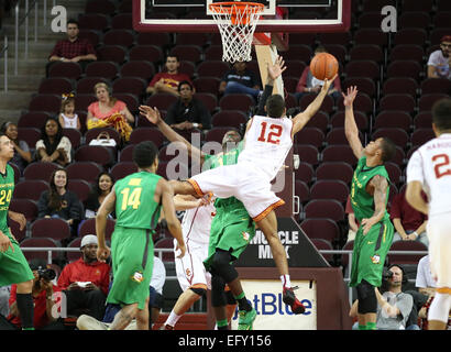 Los Angeles, California, USA. 11th Feb, 2015. February 11, 2015: Oregon Ducks and USC Trojans, Galen Center in Los Angeles, CA. Julian Jacobs #12 extends to the basket but can't convert. Credit:  csm/Alamy Live News