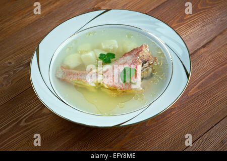 Traditional Russian fish soup with red grouper Stock Photo