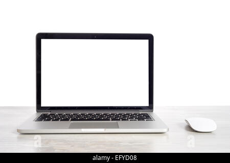 Laptop on wooden table notebook and mouse Stock Photo