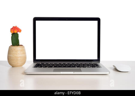 Laptop on wooden table notebook and red flower Stock Photo