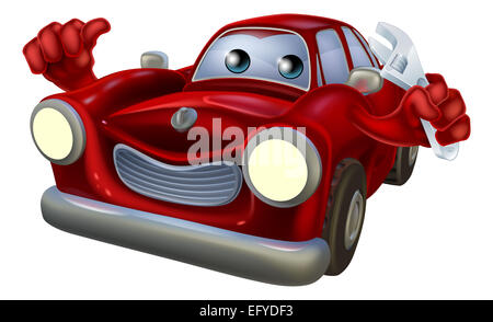 Cartoon car  auto repair garage mechanic character holding a wrench and giving a thumbs up gesture