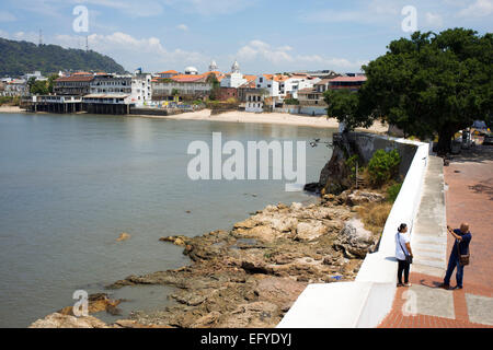 Small beach in front of the Old City, Casco Viejo, with the towers of the Cathedral, Panama City, Panama, Central America. Panam Stock Photo