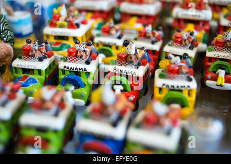 Panama Panama City Casco Viejo San Felipe souvenirs shopping outdoor market display vendor painted bus Diablo Rojo Red Diable. T Stock Photo